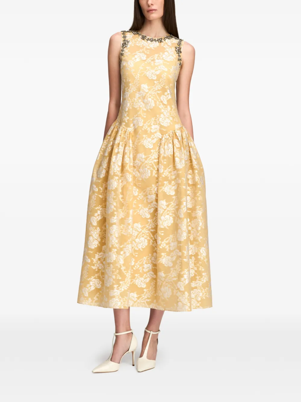 Cinq A Sept Florence midi-jurk verfraaid met kristallen en bloemen-jacquard Geel