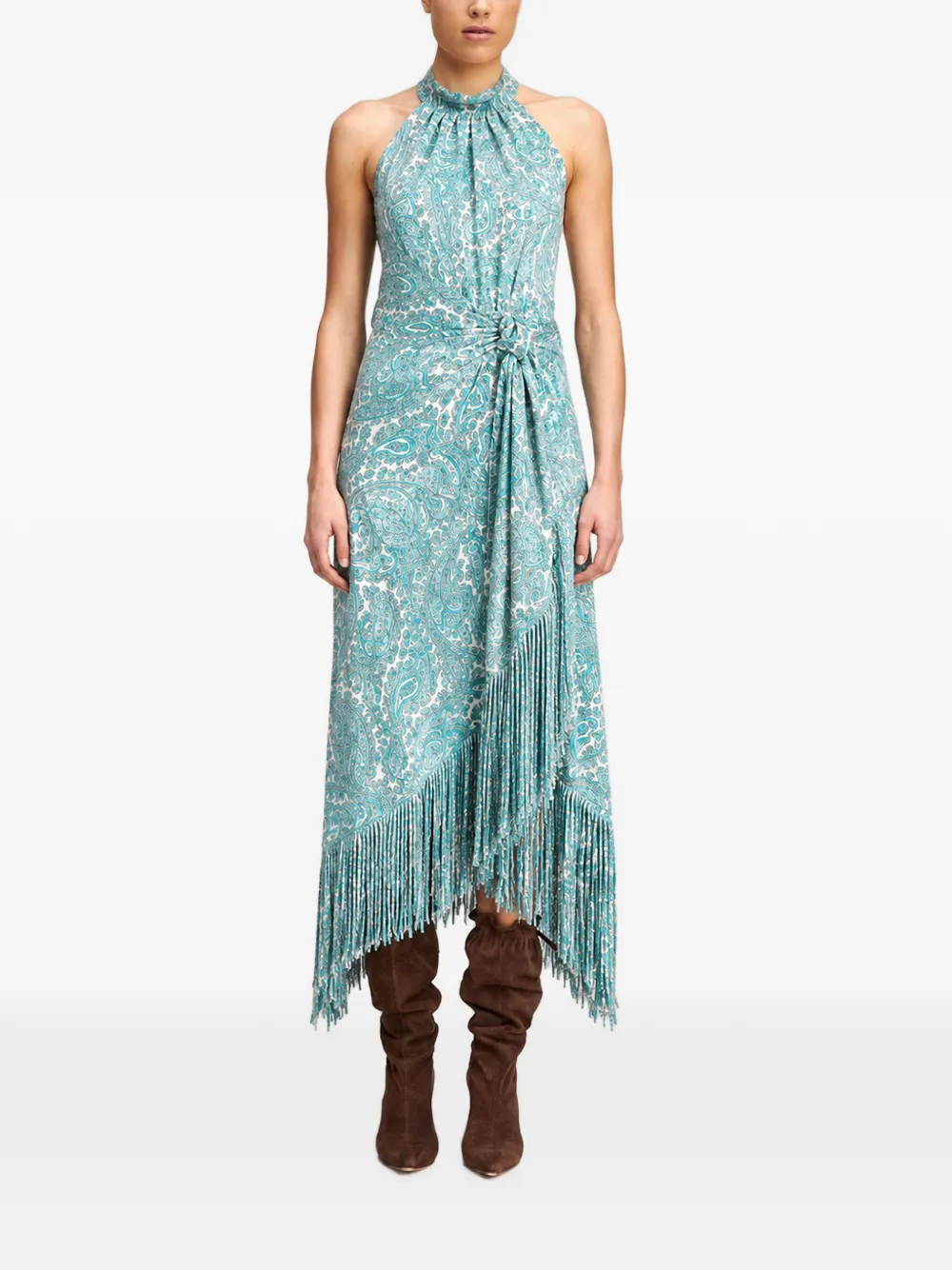 Cinq A Sept Teresa paisley fringe-trim midi dress Blauw