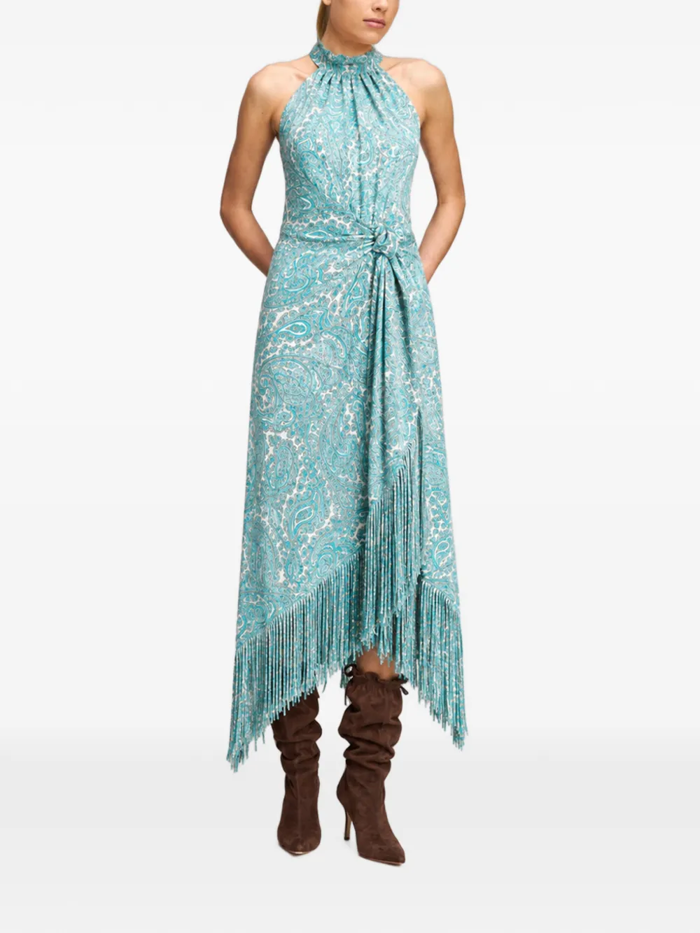 Cinq A Sept Teresa paisley fringe-trim midi dress Blauw