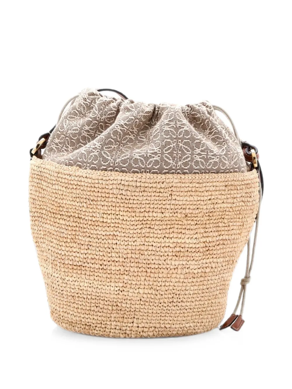 Pre-owned Loewe Pochette Crossbody Bag Woven Raffia And Leather With Anagram Jacquard Bucket Bag In Brown