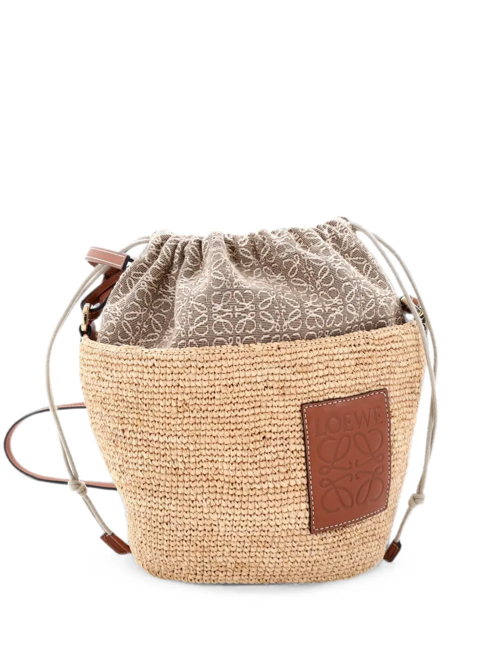 Loewe Pre-Owned Pochette Crossbody Bag Woven Raffia and Leather with Anagram Jacquard bucket bag - Brown