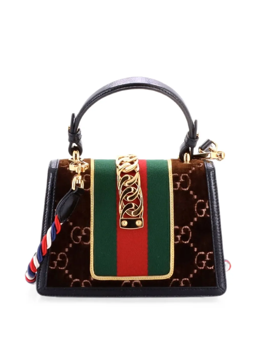Pre-owned Gucci Sylvie Top Handle Bag Gg Velvet Mini Satchel In Brown