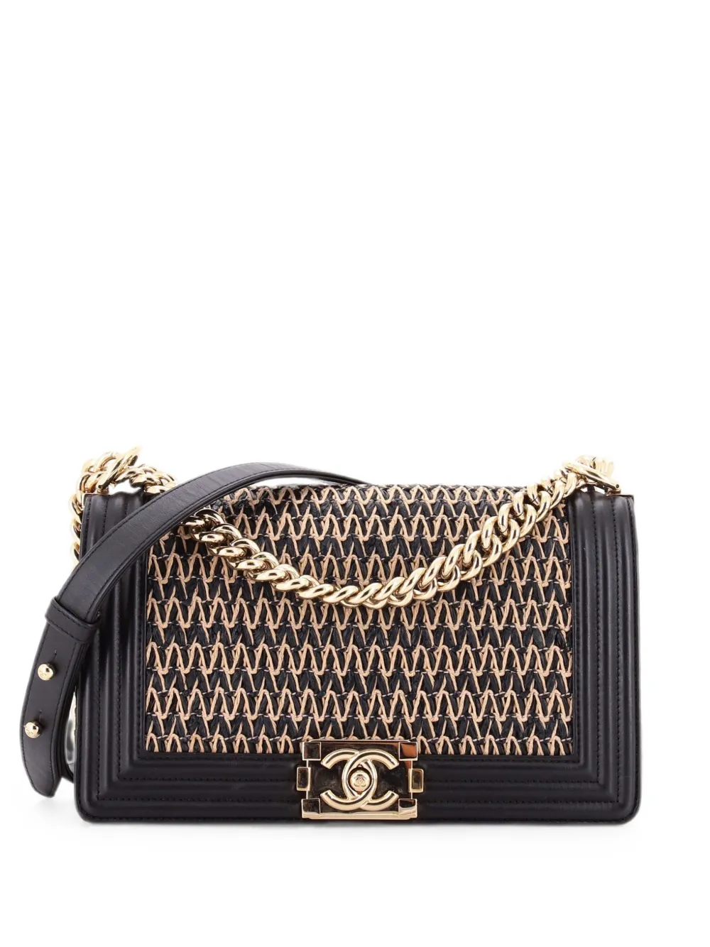 CHANEL Pre-Owned Boy Flap Bag Chevron Woven Raffia and Leather Old Medium shoulder bag - Black