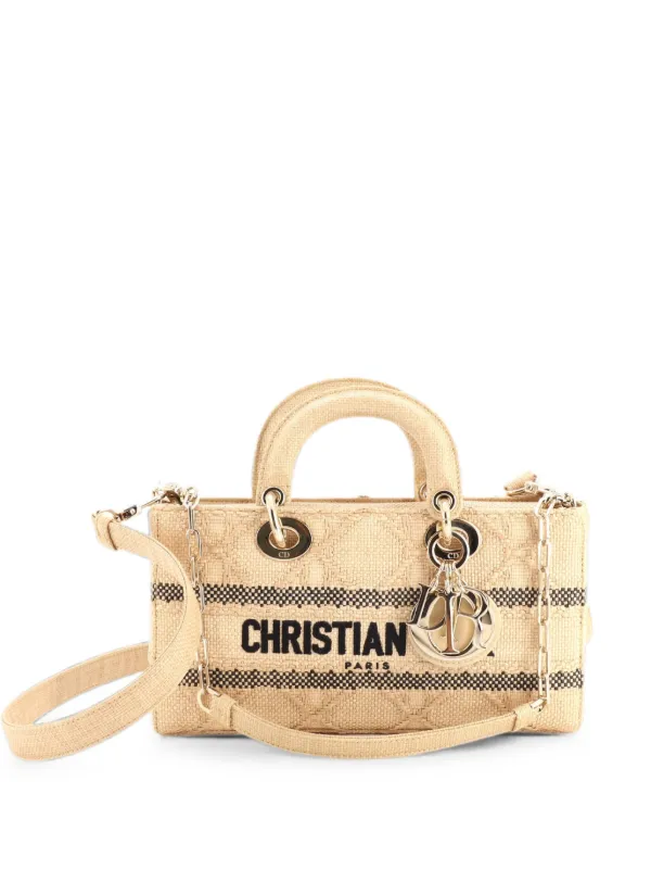 Dior Pre-owned Lady D-joy Bag Cannage Embroidered Raffia Medium Tote Bag in Neutrals
