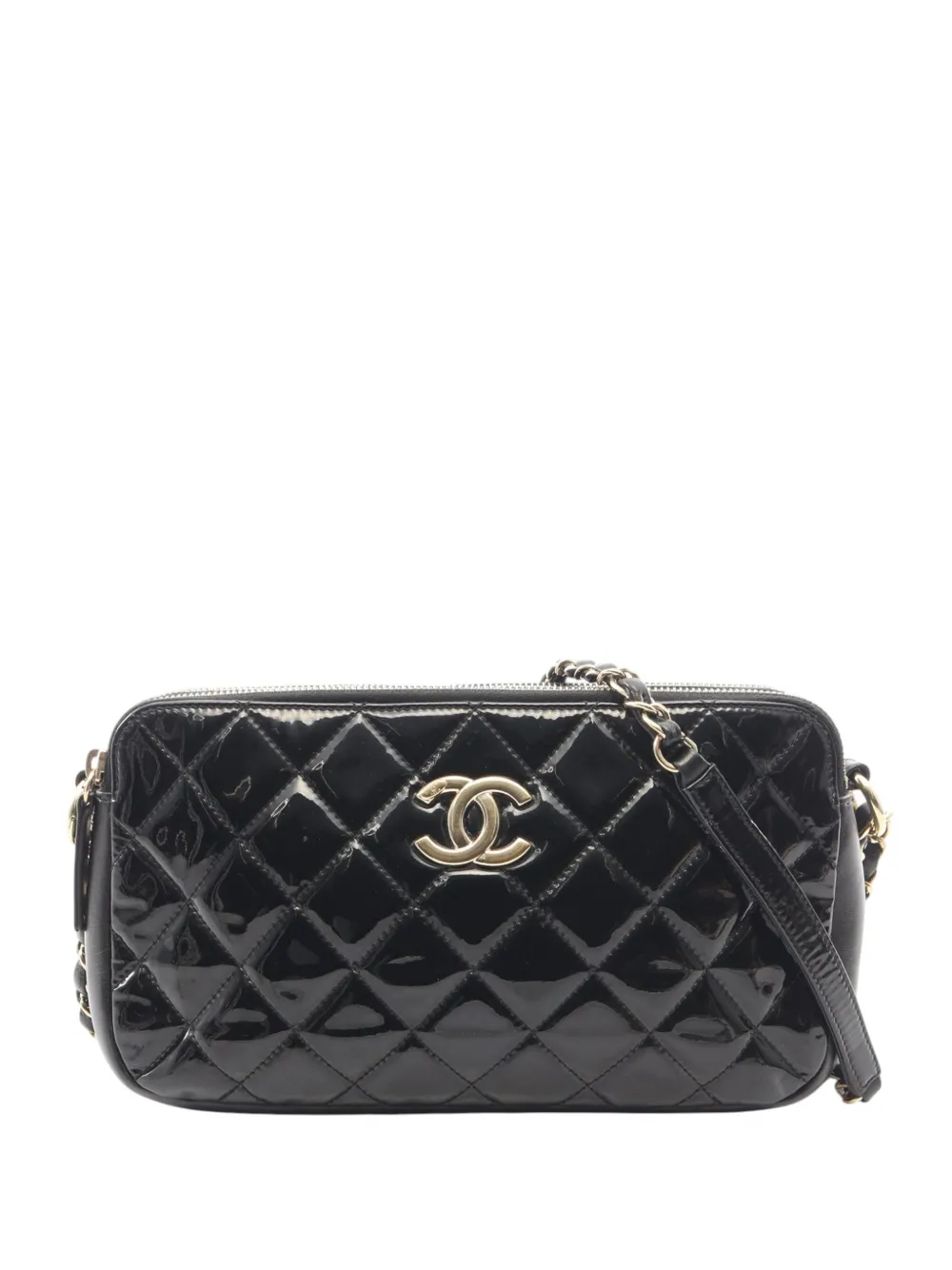 CHANEL Pre-Owned Borsa a tracolla CC Crown Double Zip in pelle verniciata 2014-2015 - Nero