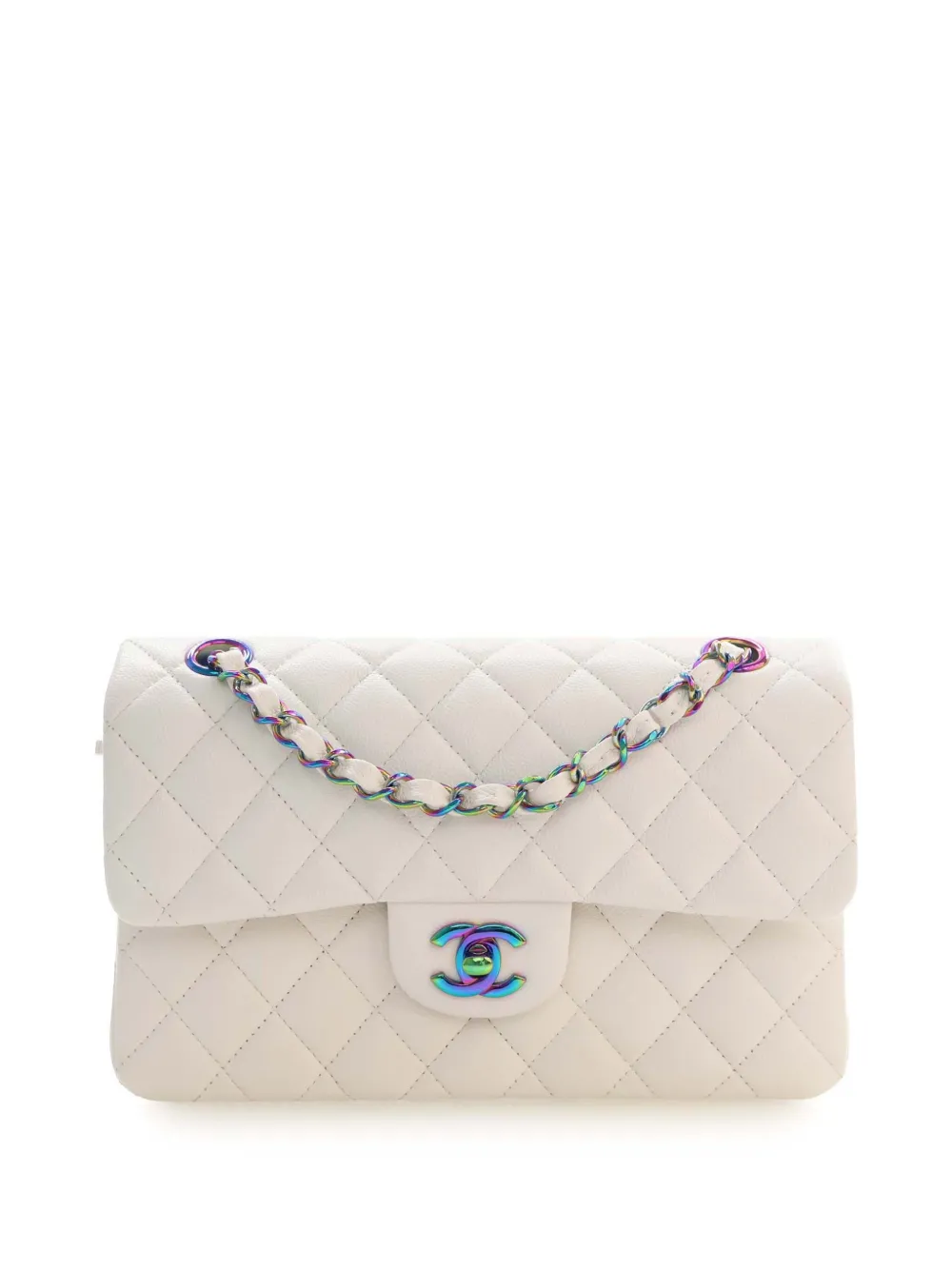 CHANEL Pre-Owned 2021-2026 Small Classic Caviar Rainbow Hardware Double Flap shoulder bag - White