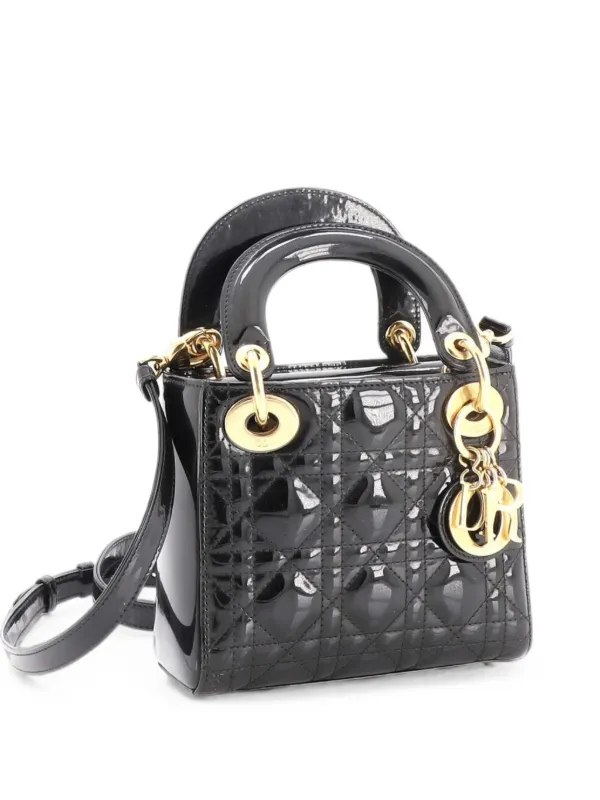 Dior Pre-owned Lady Dior Bag Cannage Quilt Patent Mini Satchel in Black