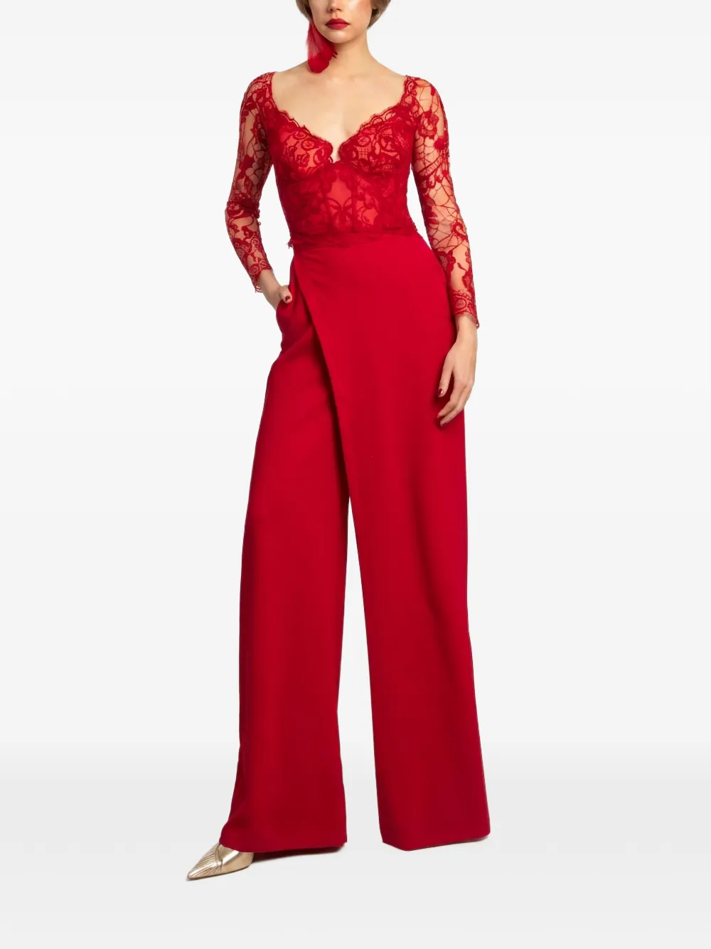 Gemy Maalouf Top met geborduurd kant en V-hals Rood