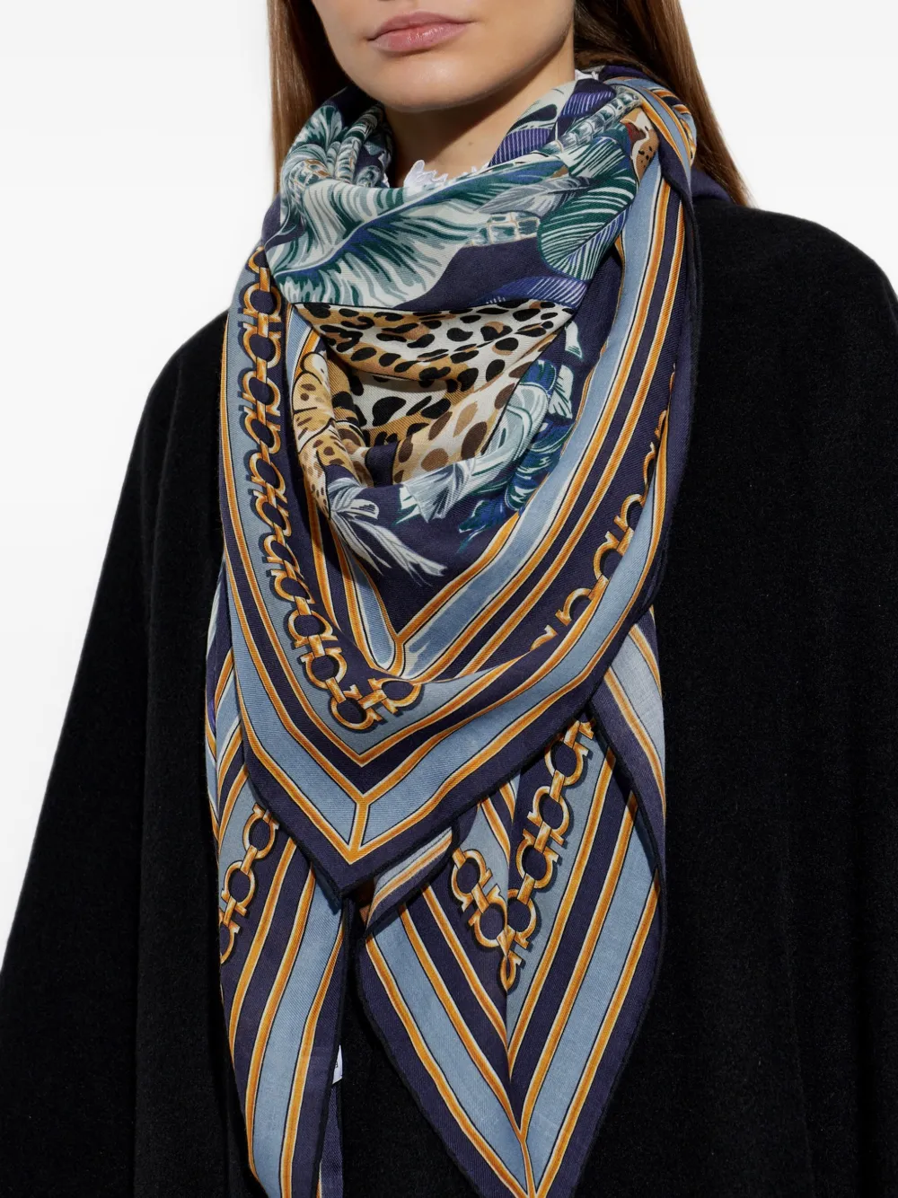 Ferragamo Kasjmier sjaal met katachtige print Blauw