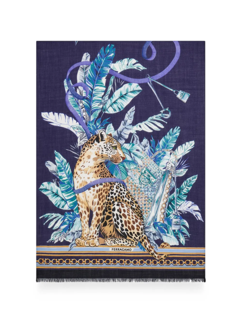 Ferragamo Feline-print pure-wool stole - Blau