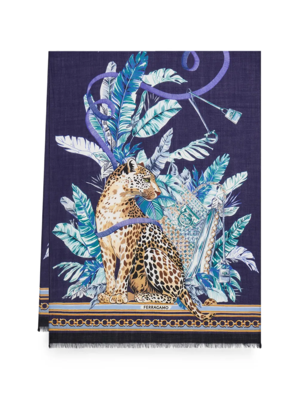 Ferragamo Pure wollen stola met katten-print Blauw