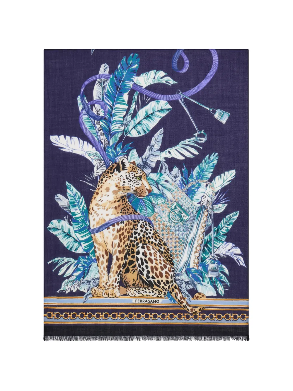 Ferragamo feline-print pure-wool stole - Blu