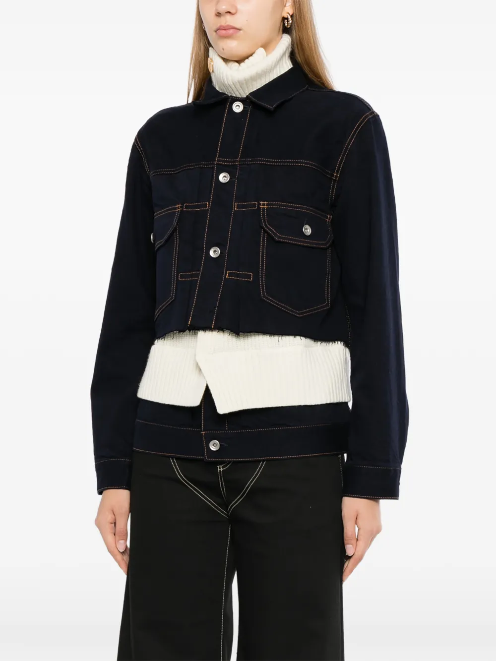 sacai Gelaagd denim jack met franje bij de zoom Blauw