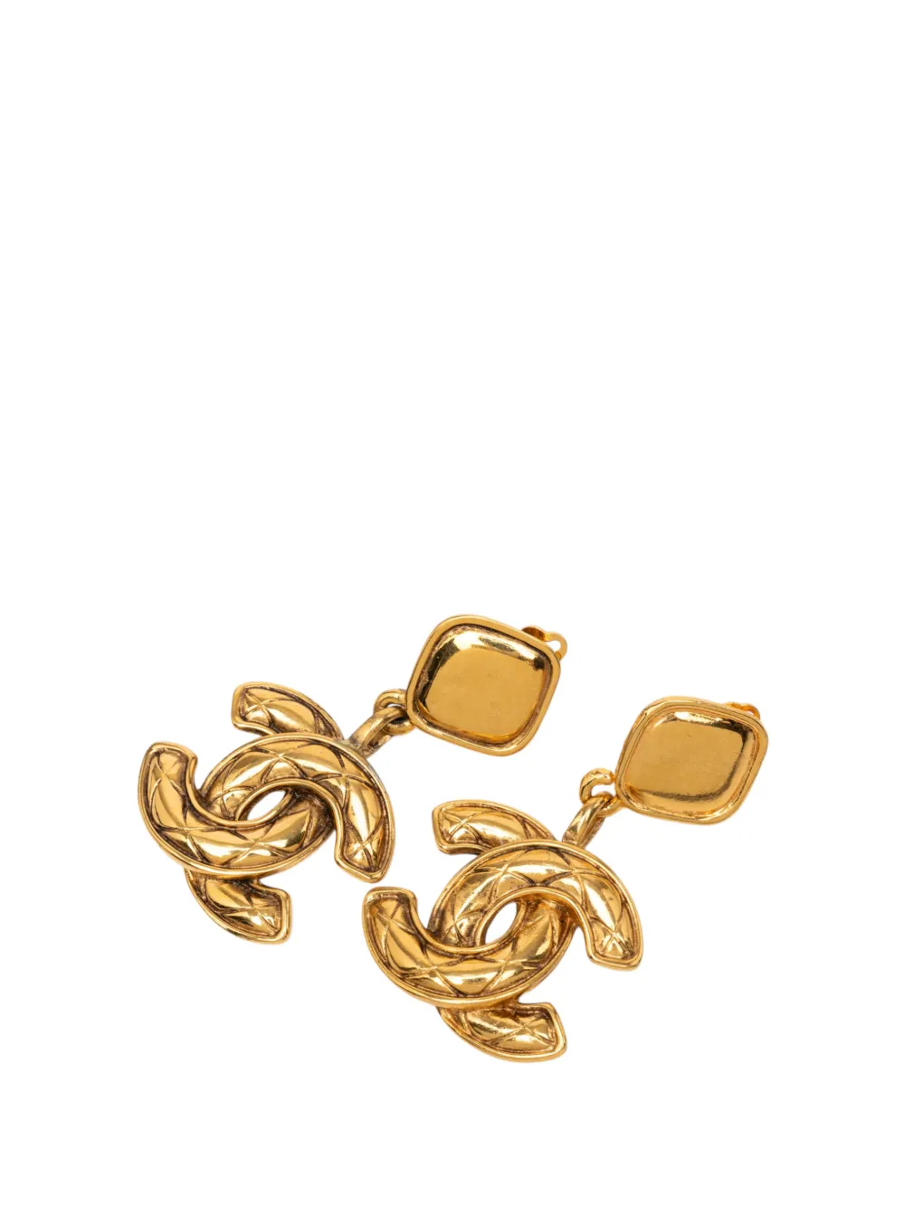CHANEL Pre-Owned 1970-1980 CC Gold Plated Quilted Drop Clip On Earrings costume earrings