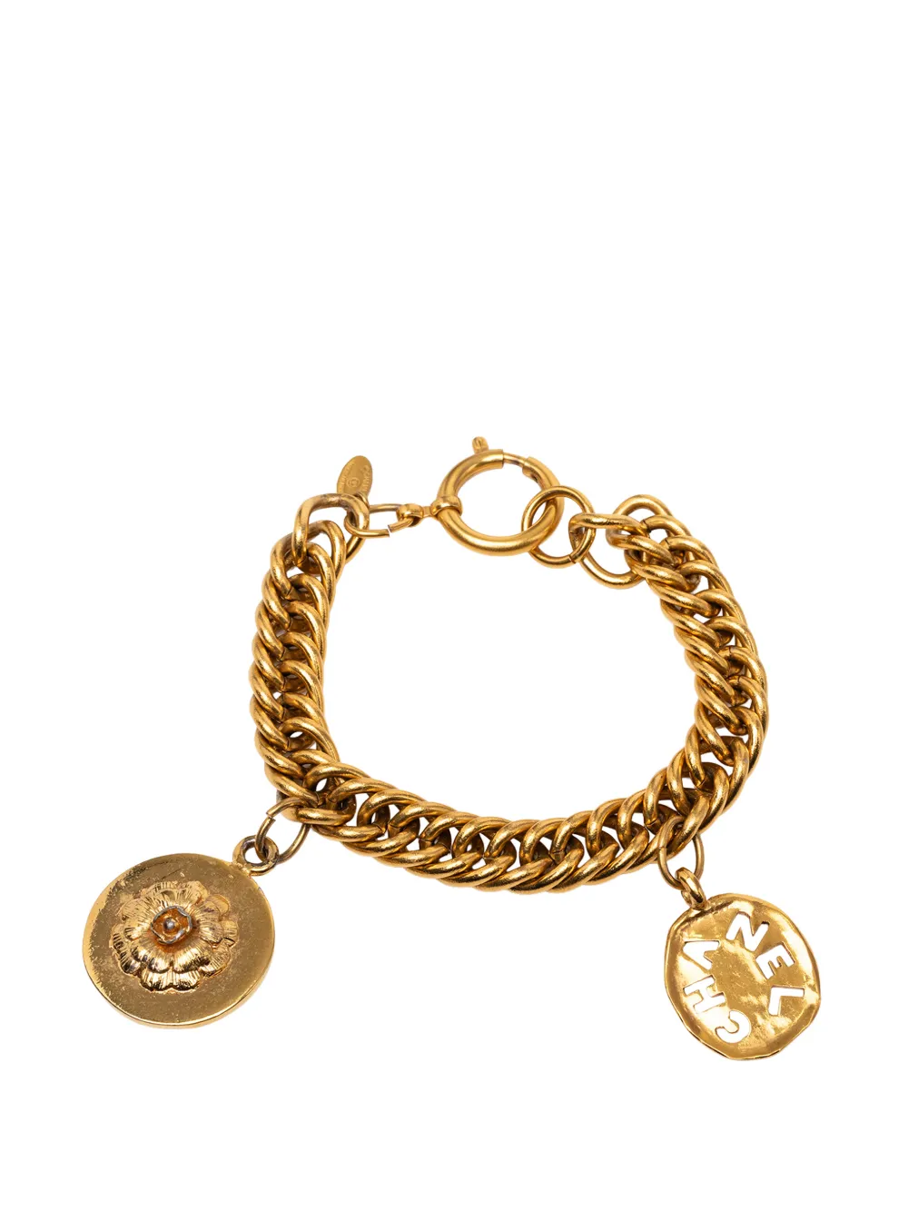 CHANEL Pre-Owned 1970-1980 CC Gold Plated Medallion Camellia Charm Bracelet costume bracelet