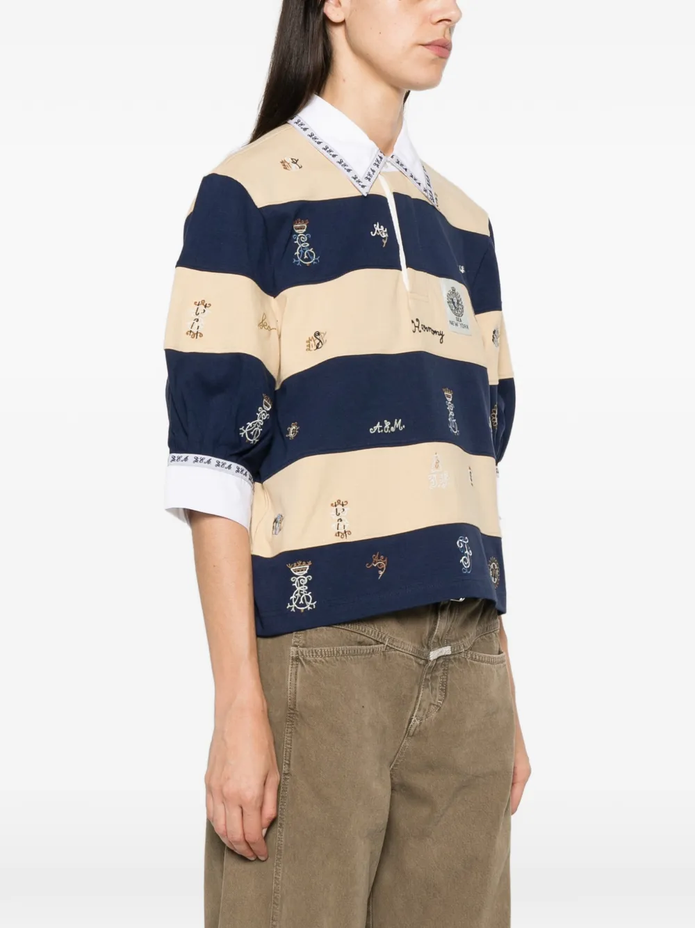 Sea Juliet gestreept poloshirt met borduurwerk Beige