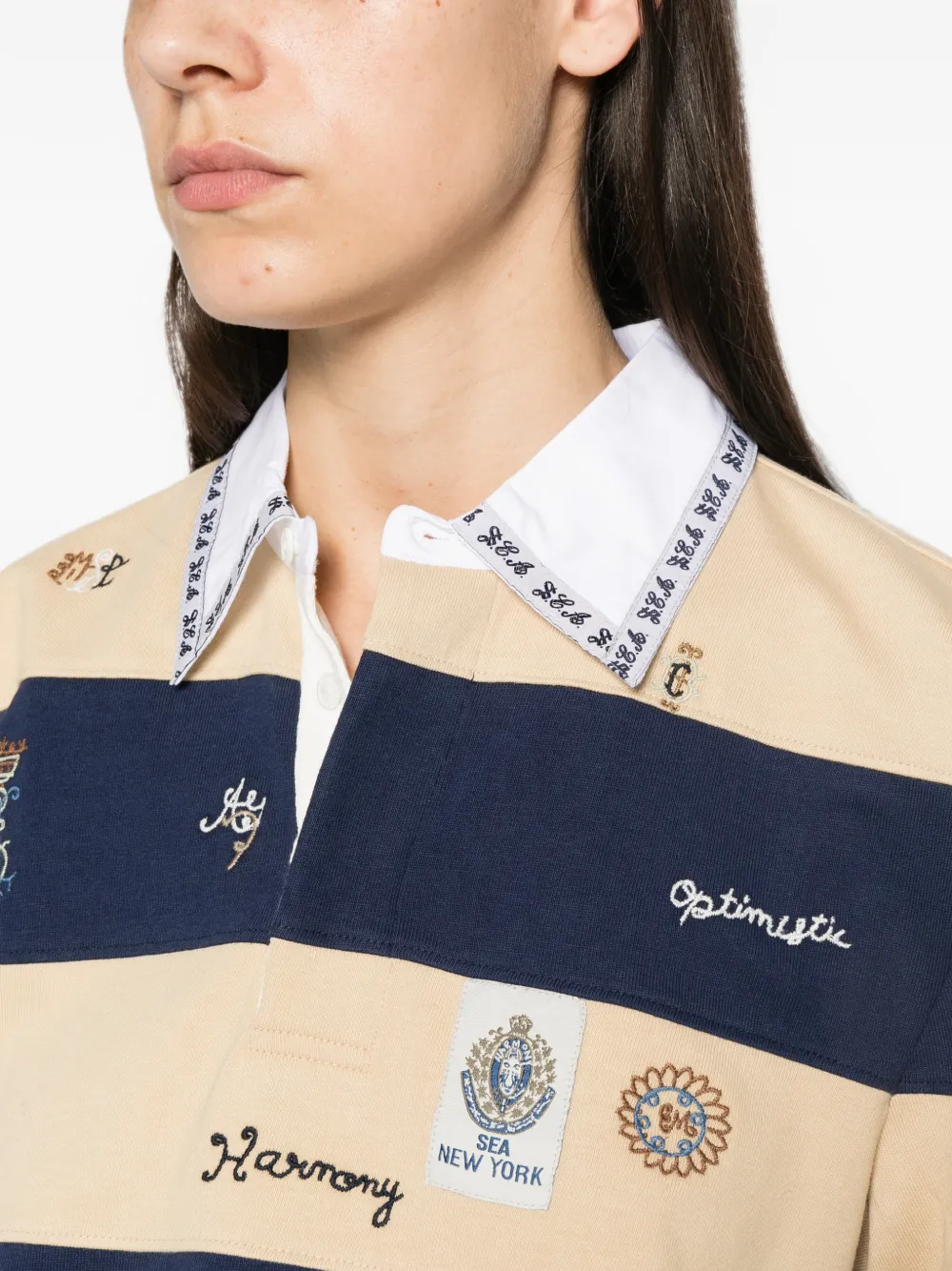 Sea Juliet gestreept poloshirt met borduurwerk Beige