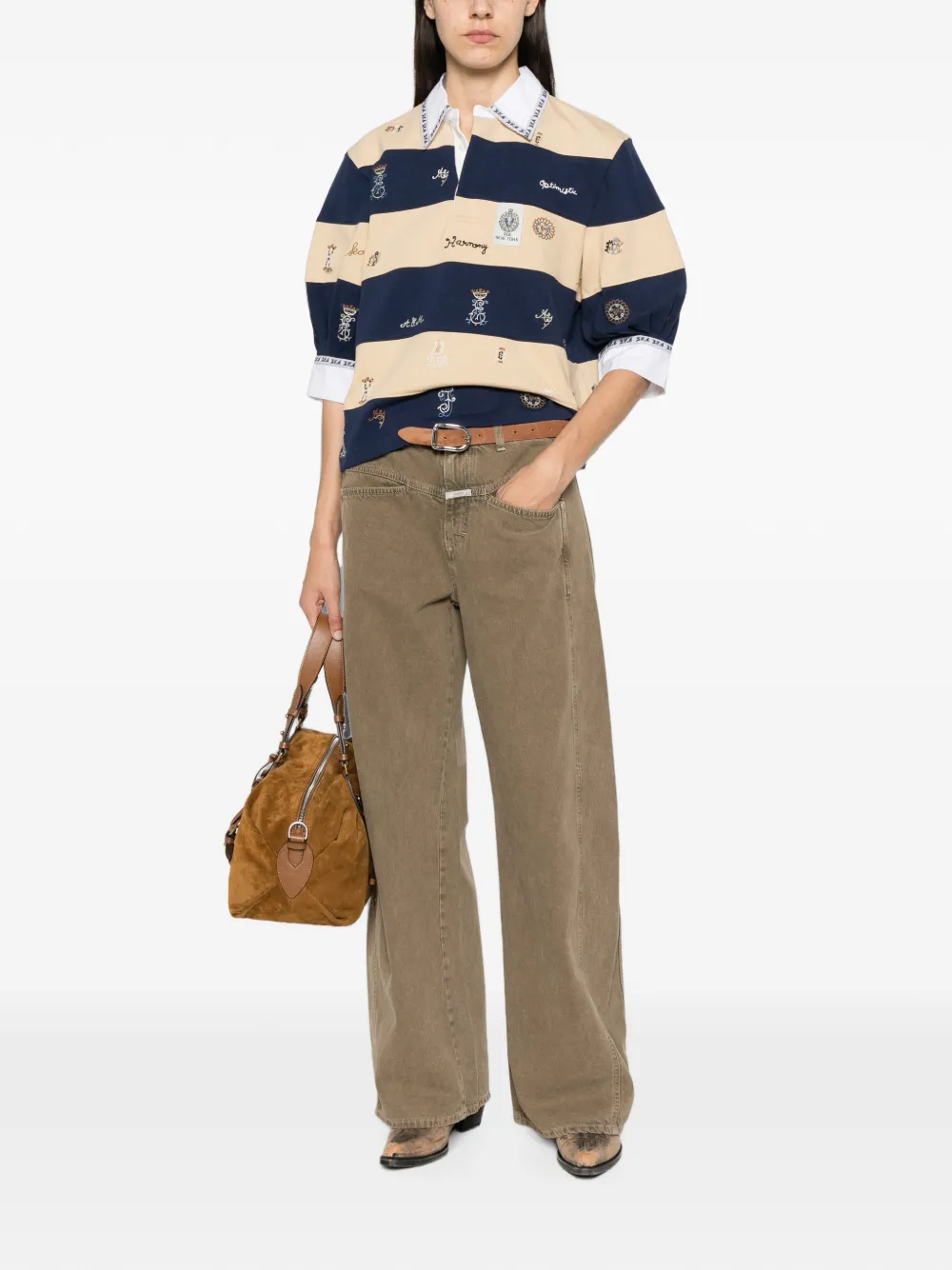 Sea Juliet gestreept poloshirt met borduurwerk Beige