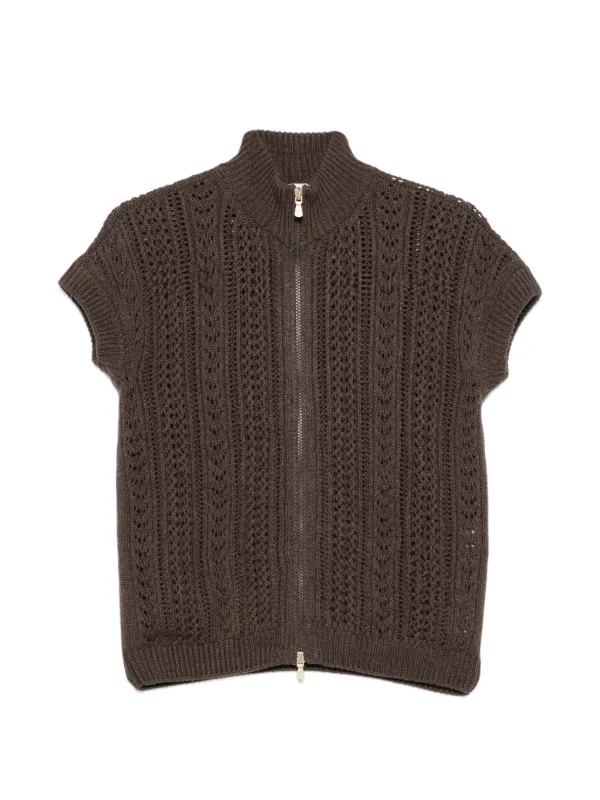 Eleventy Pointelle-knit Sleeveless Cardigan in Brown