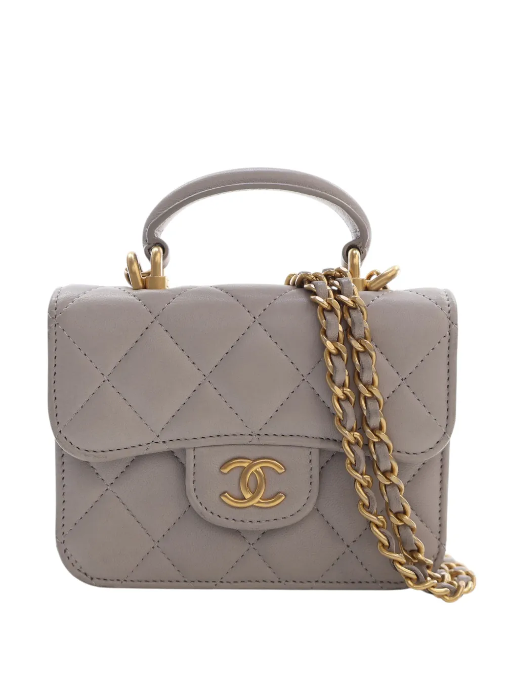 CHANEL Pre-Owned 2021 Mini Quilted Lambskin Top Handle Card Holder with Chain satchel - Grey