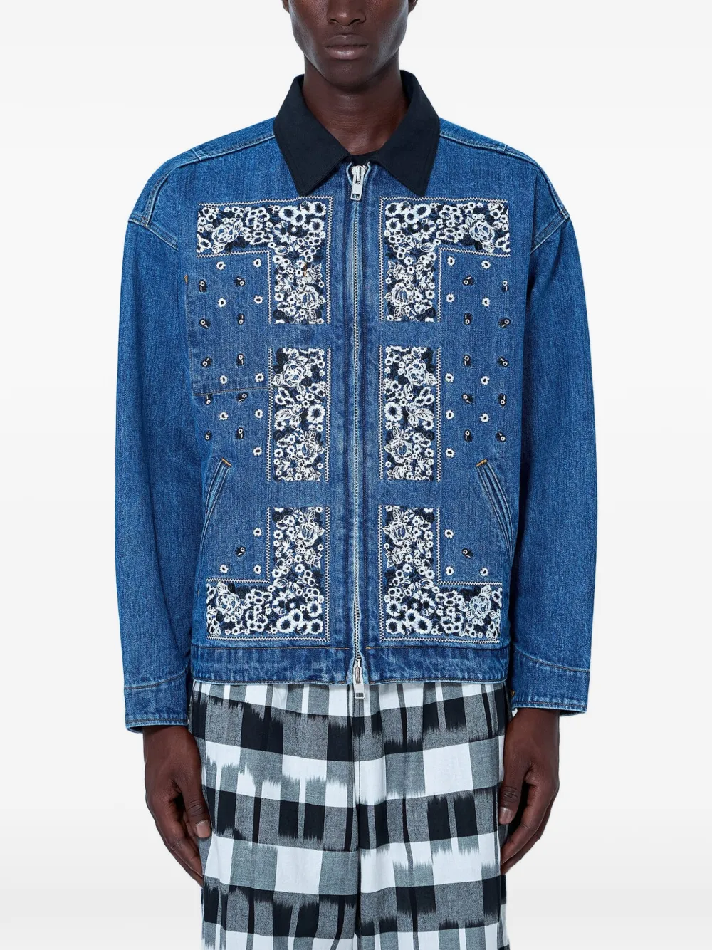 NOMARHYTHM bandana.embroidered zip-up denim jacket - Blu