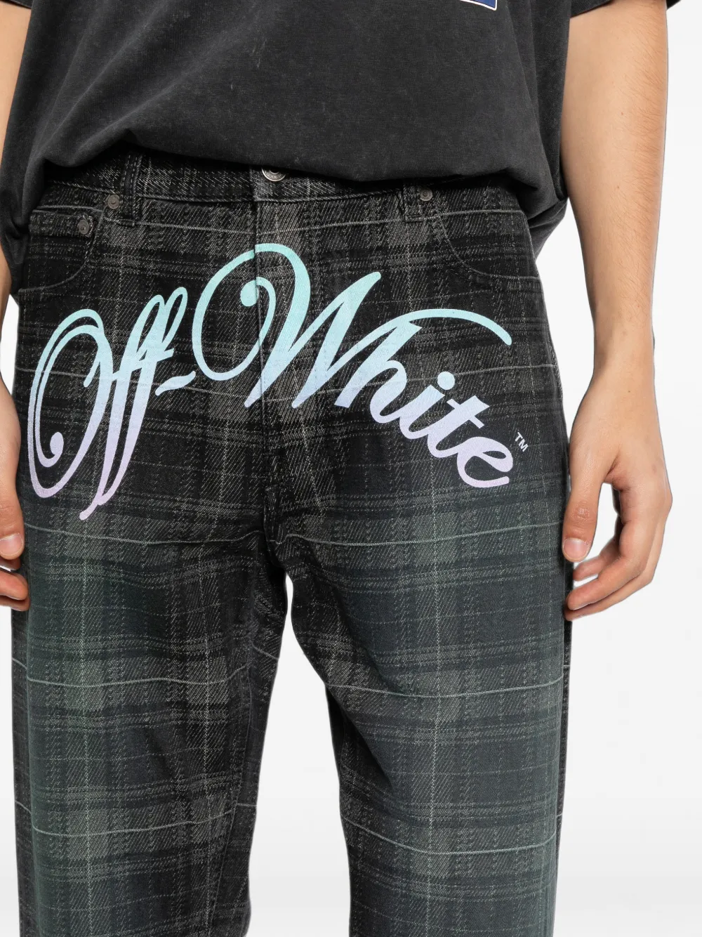 Off-White Geruite straight jeans met jacquard Zwart