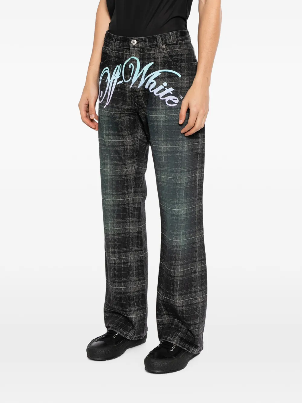 Off-White Geruite straight jeans met jacquard Zwart