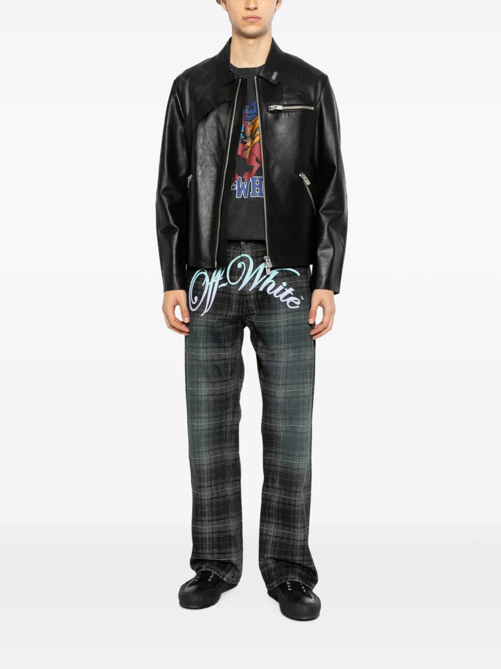 Off-White Geruite straight jeans met jacquard Zwart