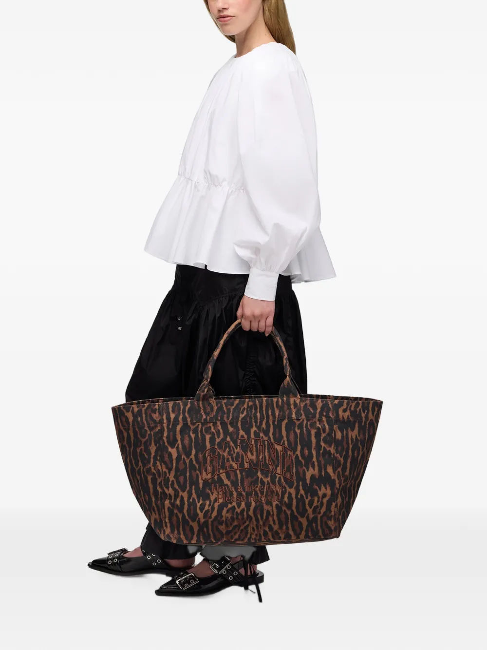 GANNI Shopper met luipaard-print en borduurwerk Bruin
