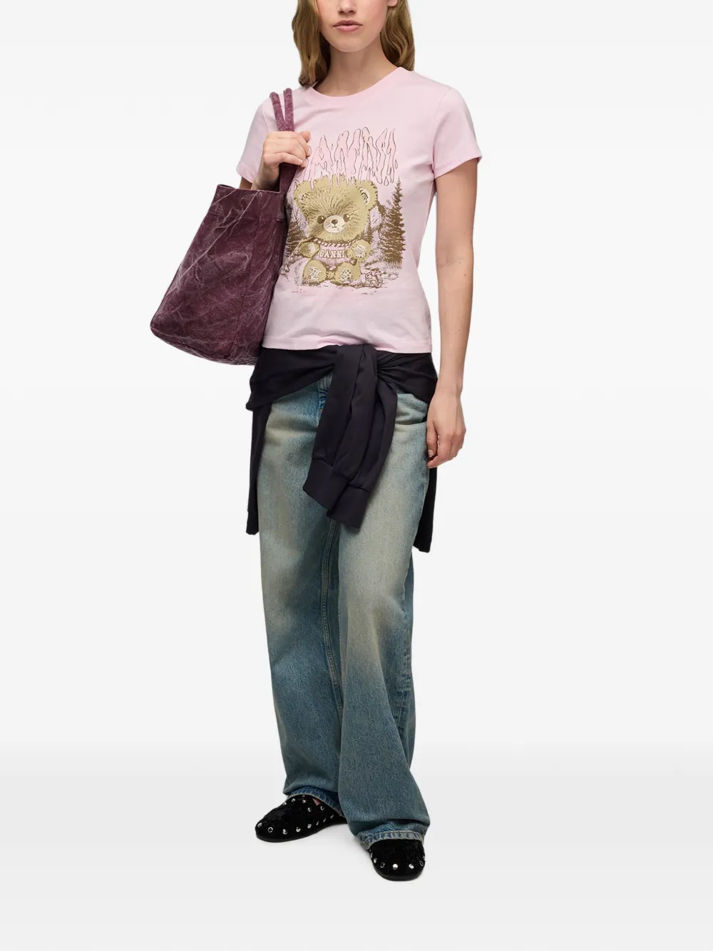 GANNI Baby-fit T-shirt met Forest Teddy Roze