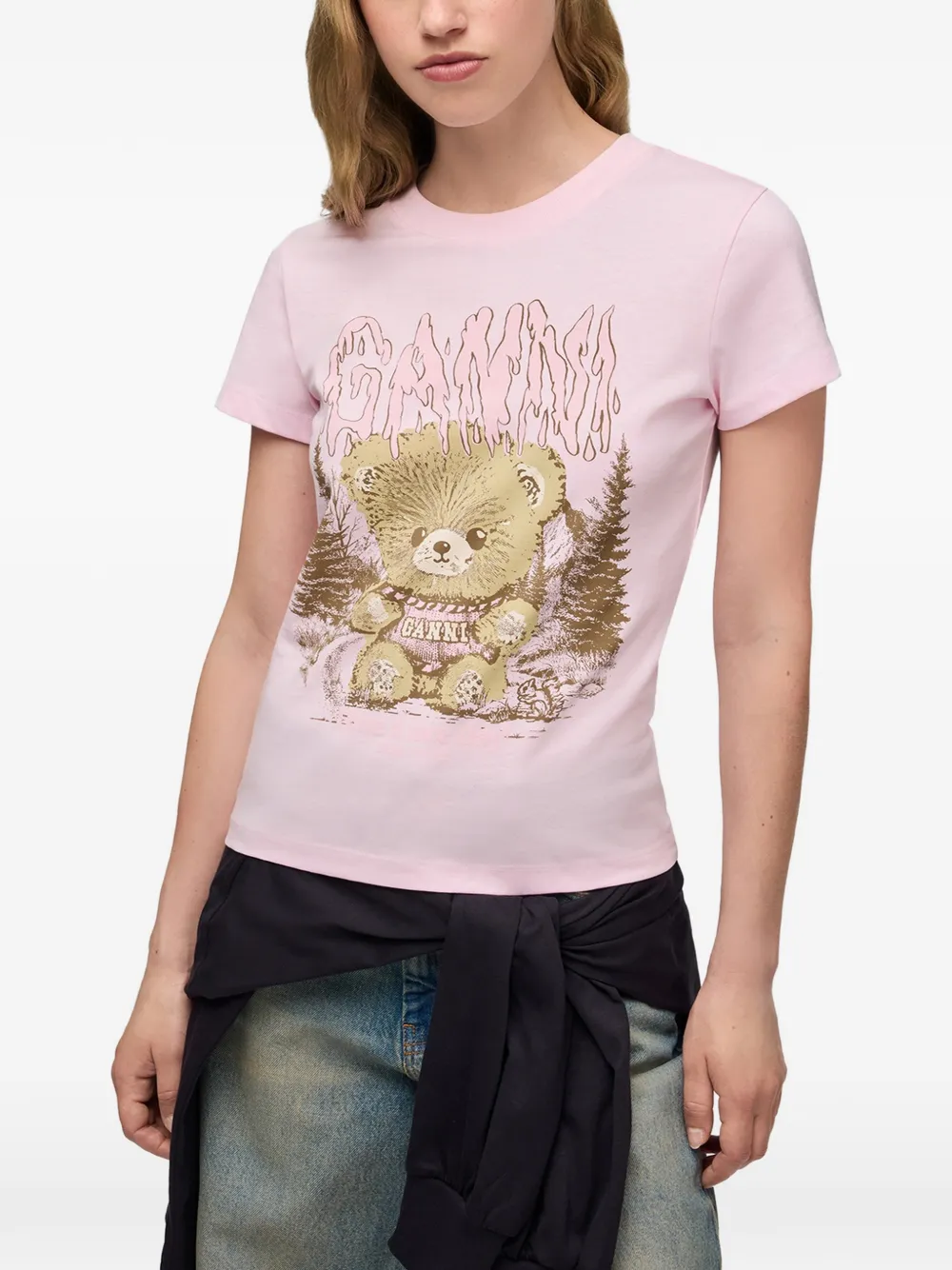 GANNI Baby-fit T-shirt met Forest Teddy Roze