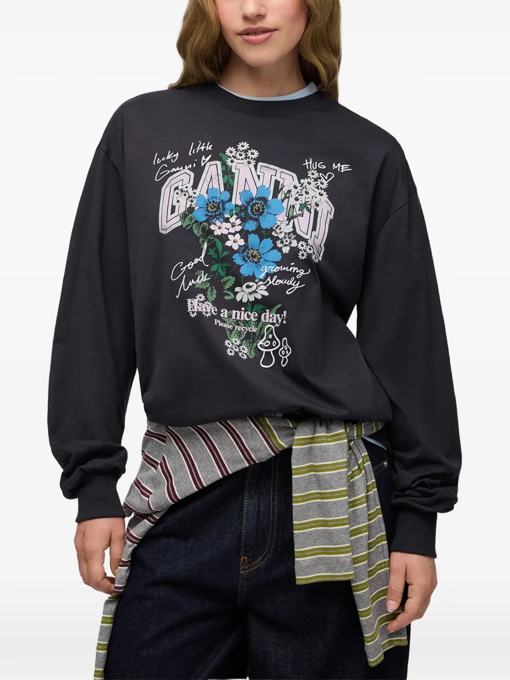 GANNI T-shirt met bloemenprint Zwart