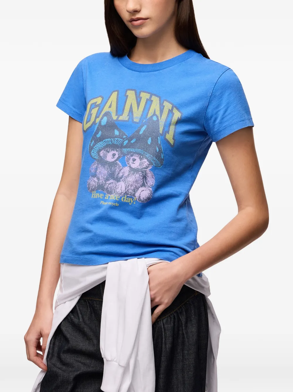 GANNI Baby-fit T-shirt met Mushroom Teddy Blauw