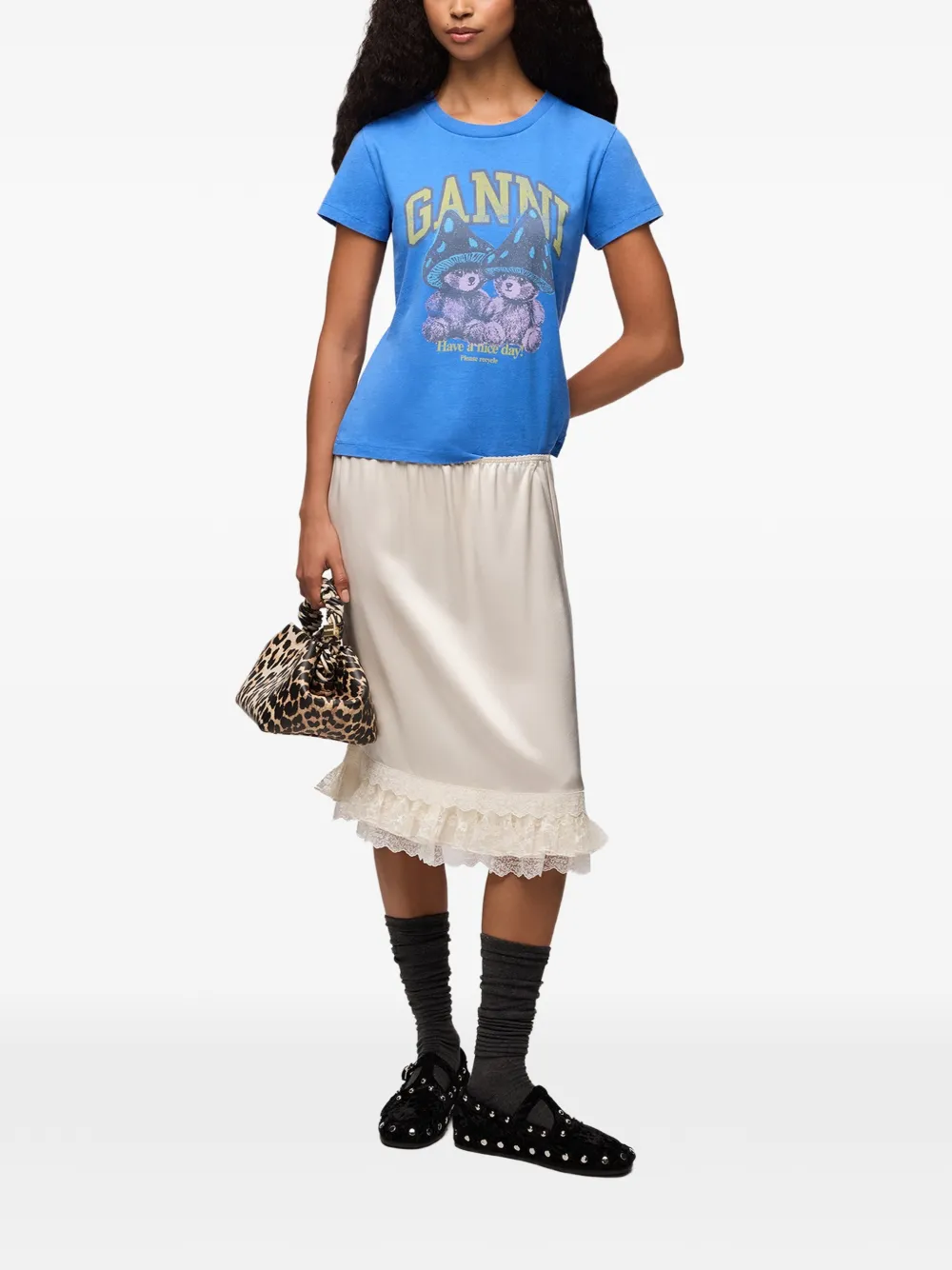 GANNI Satijnen rok met ruches Beige