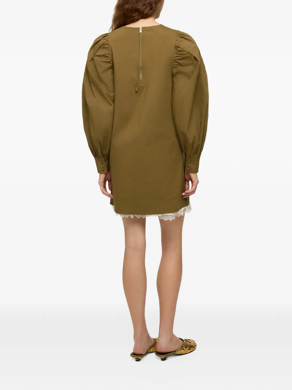 GANNI puff-sleeve logo-patch mini dress Groen