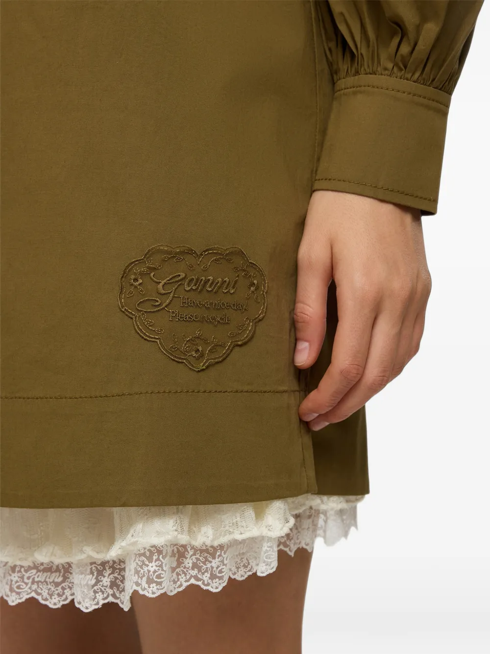 GANNI puff-sleeve logo-patch mini dress Groen