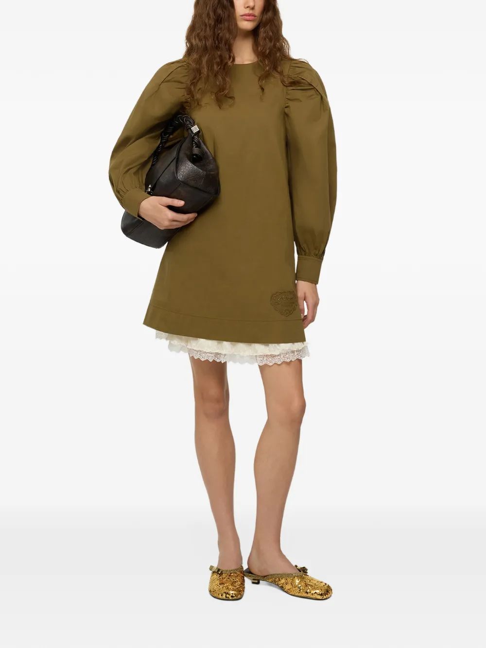 GANNI puff-sleeve logo-patch mini dress Groen