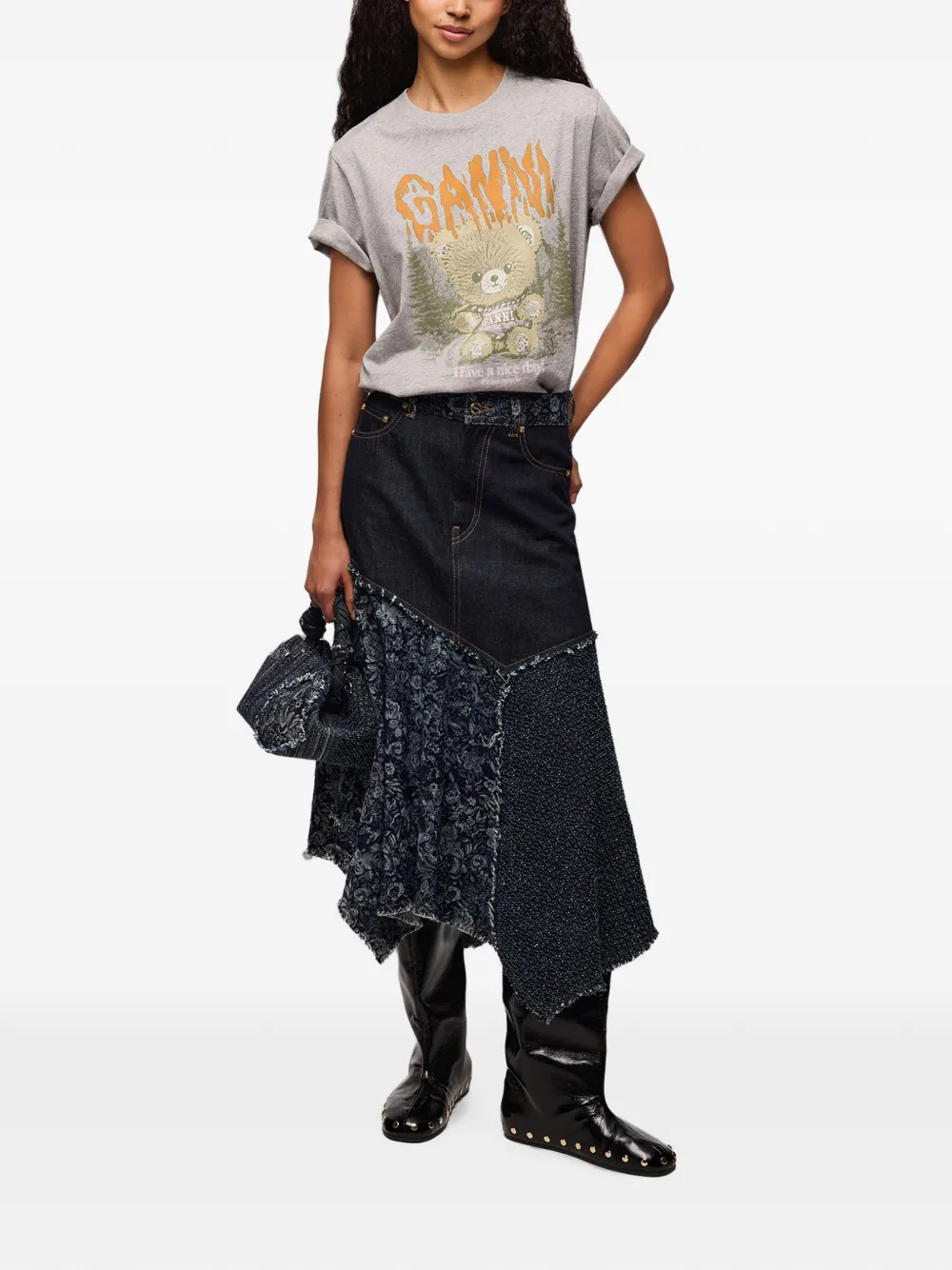 GANNI Rok met patchwork en franje Blauw