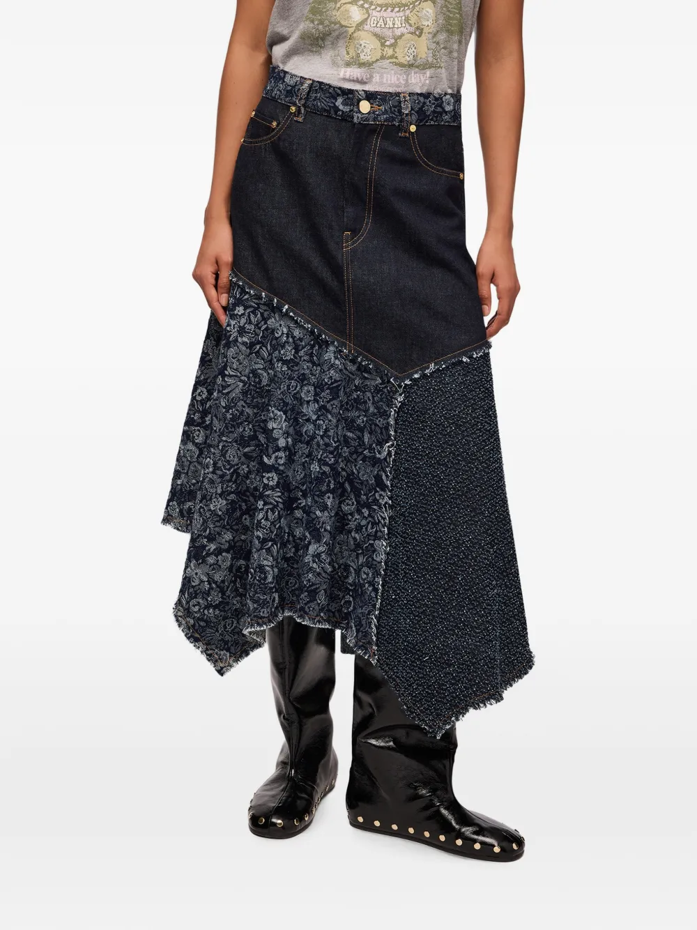 GANNI Rok met patchwork en franje Blauw