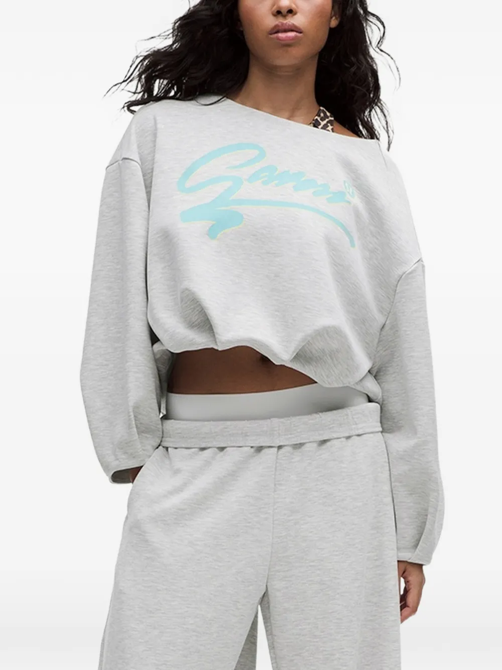 GANNI logo-print cropped performance sweater Grijs