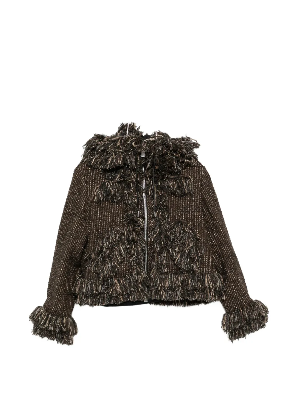 sacai fringe-trimmed hooded jacket - Brown
