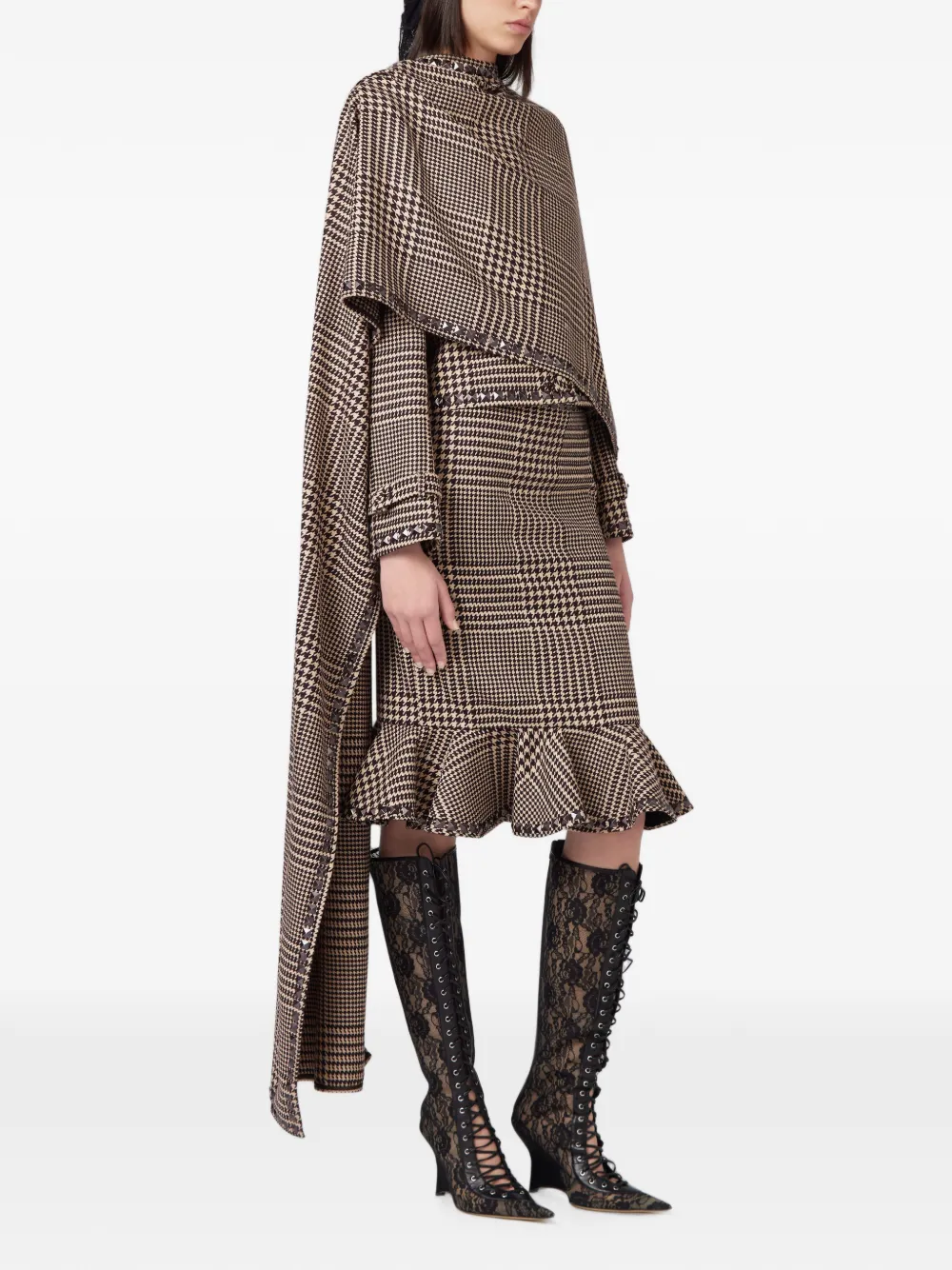 Giuseppe Di Morabito Midi-rok met pied-de-poule print en ruches Bruin