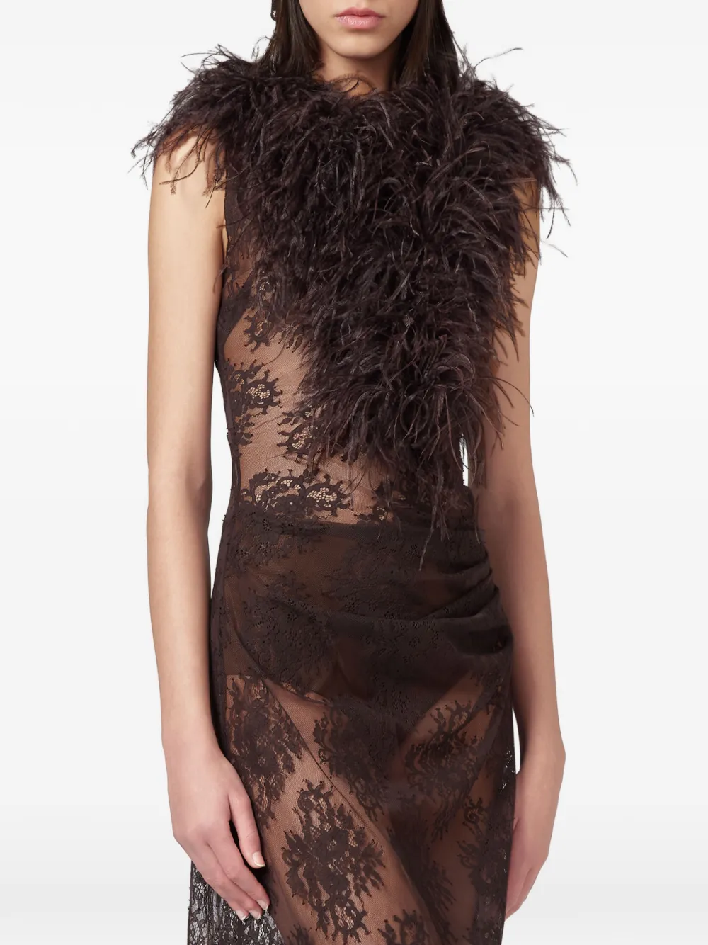 Giuseppe Di Morabito Maxi-jurk met kanten laag en veren afwerking Bruin