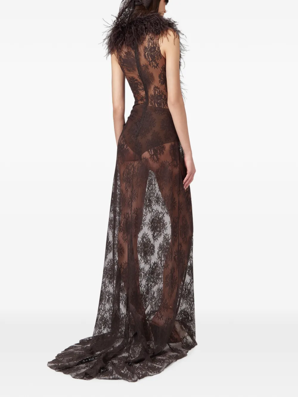 Giuseppe Di Morabito Maxi-jurk met kanten laag en veren afwerking Bruin