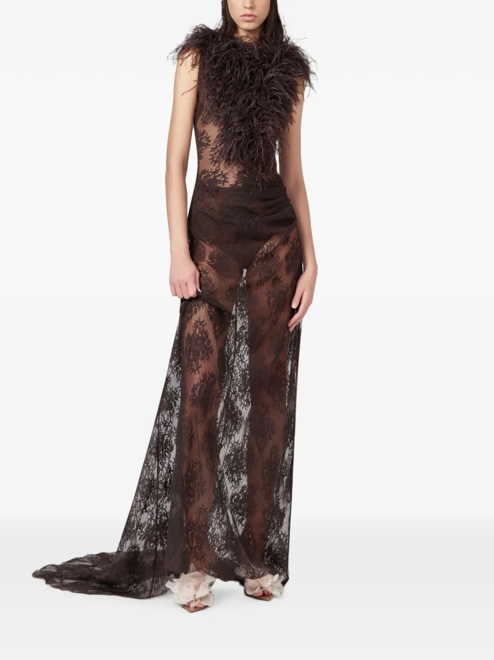 Giuseppe Di Morabito Maxi-jurk met kanten laag en veren afwerking Bruin