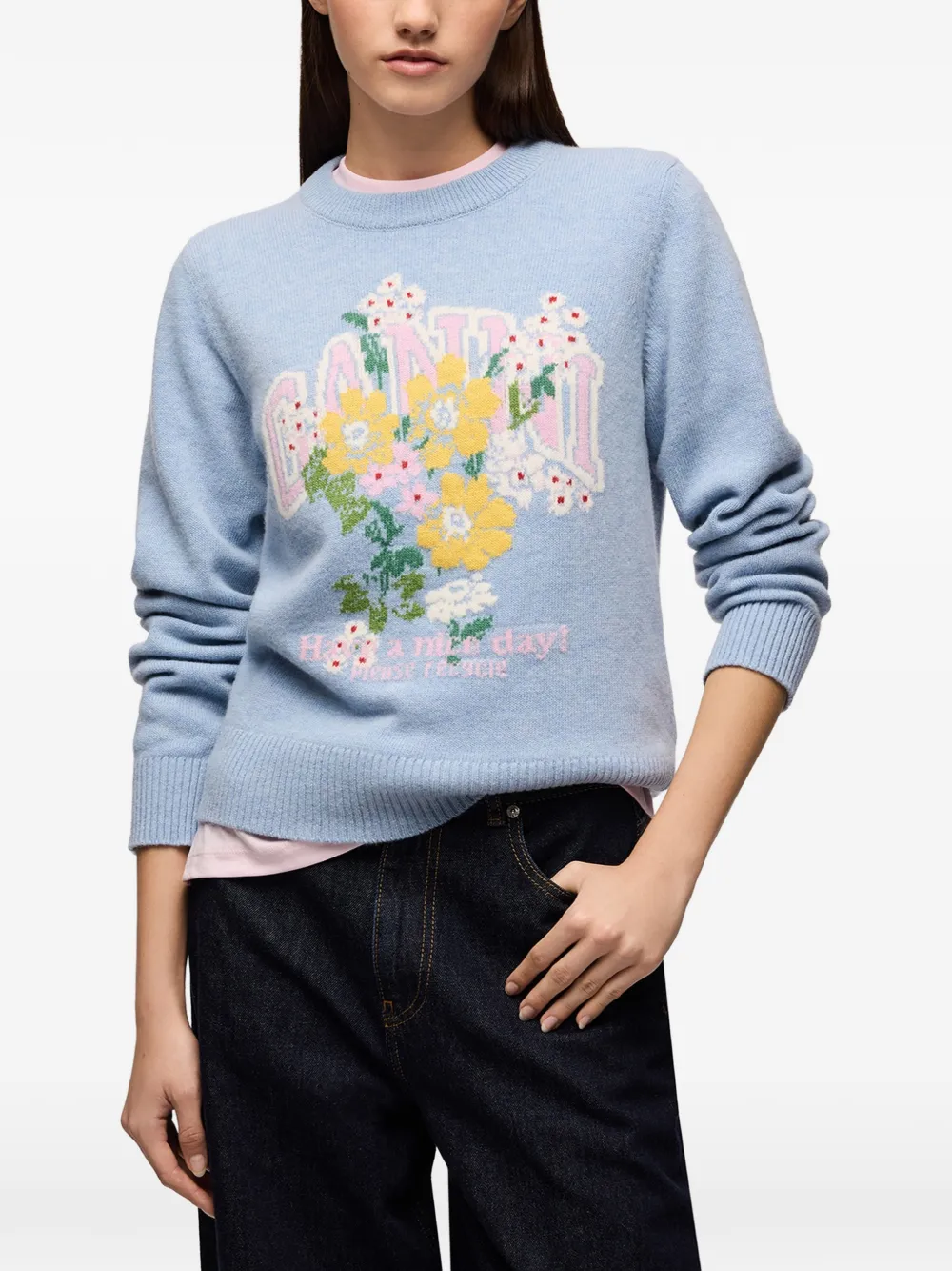 GANNI jumper with flowers Blauw