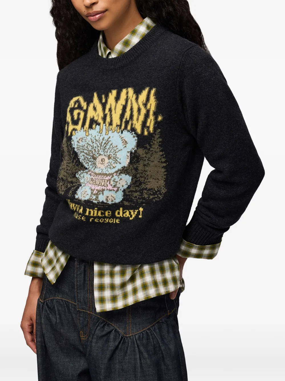 GANNI Trui met forest Teddy Zwart