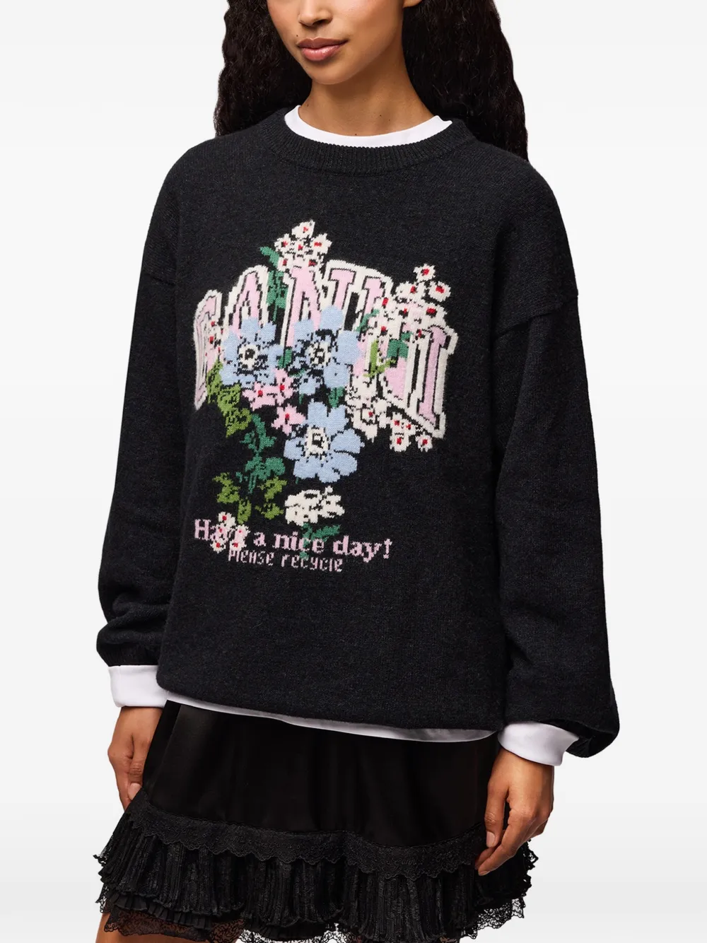 GANNI Oversized trui met bloemen-intarsia Zwart