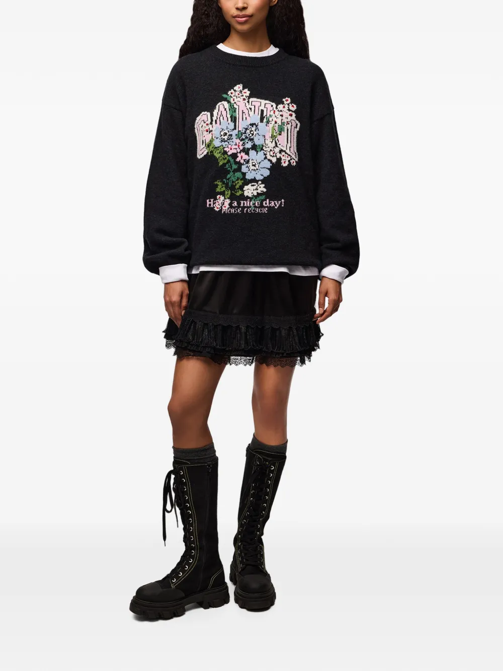 GANNI Oversized trui met bloemen-intarsia Zwart