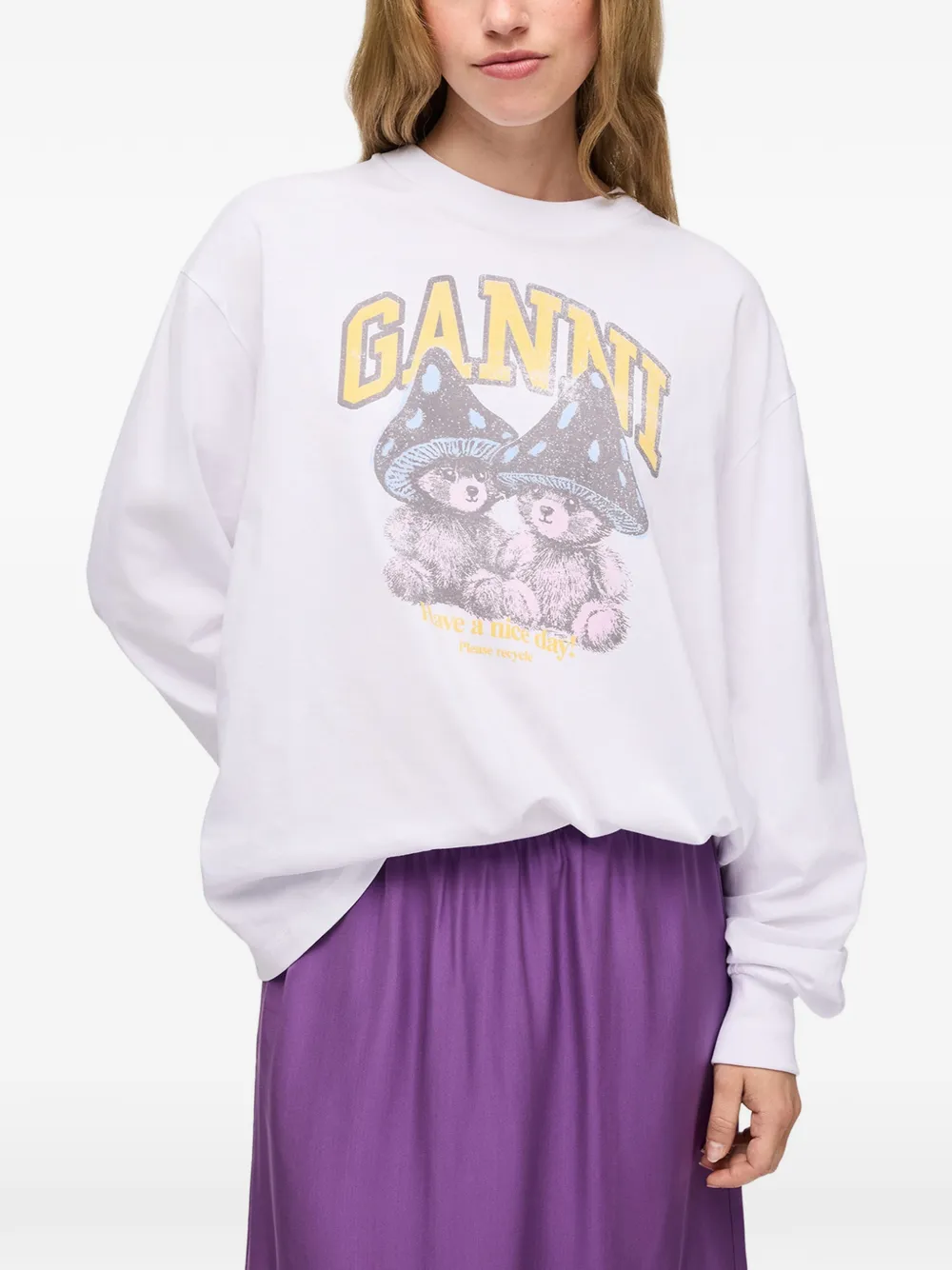 GANNI T-shirt met lange mouwen en Mushroom Teddy Wit